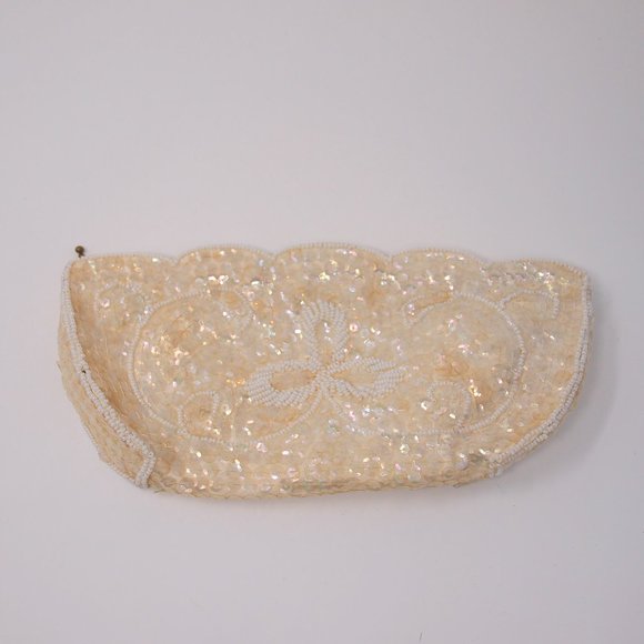 vtg 50s 60s LA REGALE Products Mod White Cream Bead Sequin Clutch Purse Japan - Picture 1 of 7